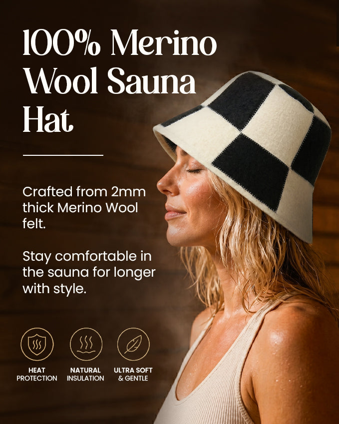 Merino Wool Sauna Bucket Hat – Checkered Unisex Thermal Hat – Black Cream (Medium/Large)