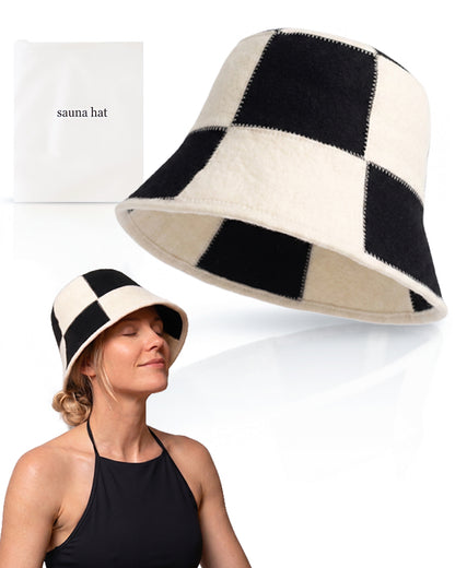 Merino Wool Sauna Bucket Hat – Checkered Unisex Thermal Hat – Black Cream (Medium/Large)
