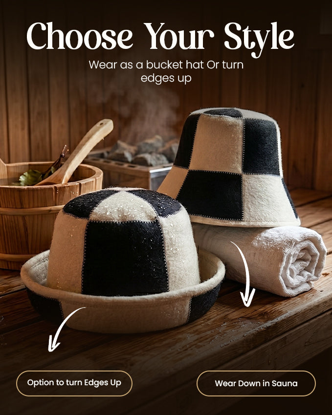 Merino Wool Sauna Bucket Hat – Checkered Unisex Thermal Hat – Black Cream (Medium/Large)