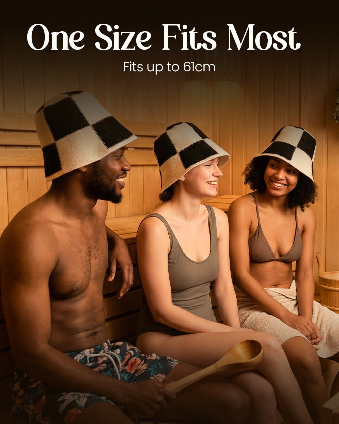 Merino Wool Sauna Bucket Hat – Checkered Unisex Thermal Hat – Black Cream (Medium/Large)
