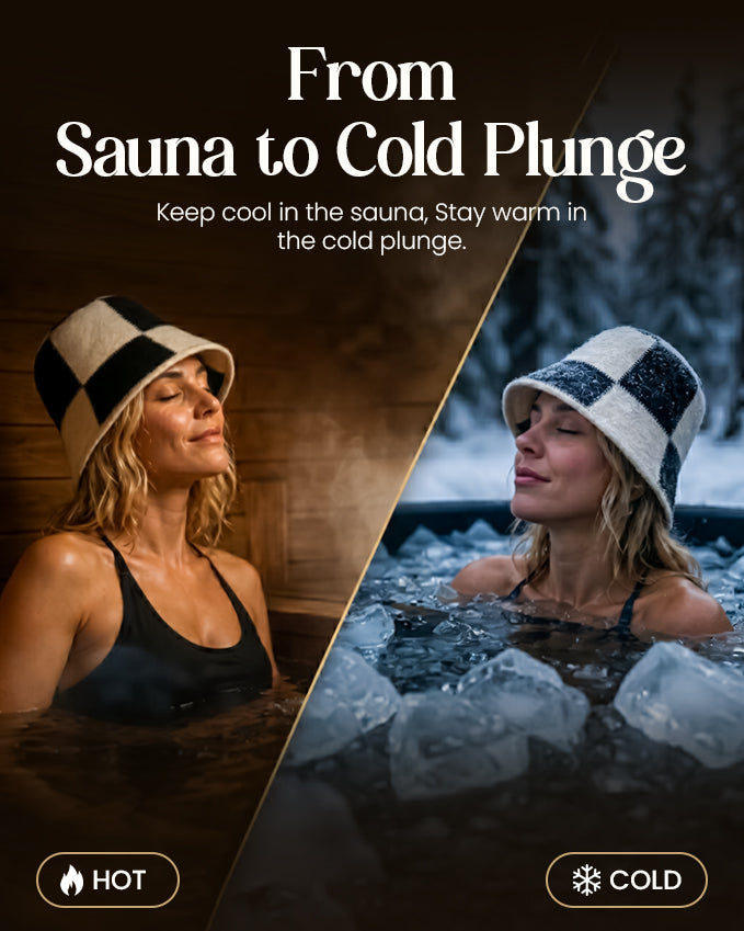 Merino Wool Sauna Bucket Hat – Checkered Unisex Thermal Hat – Black Cream (Medium/Large)