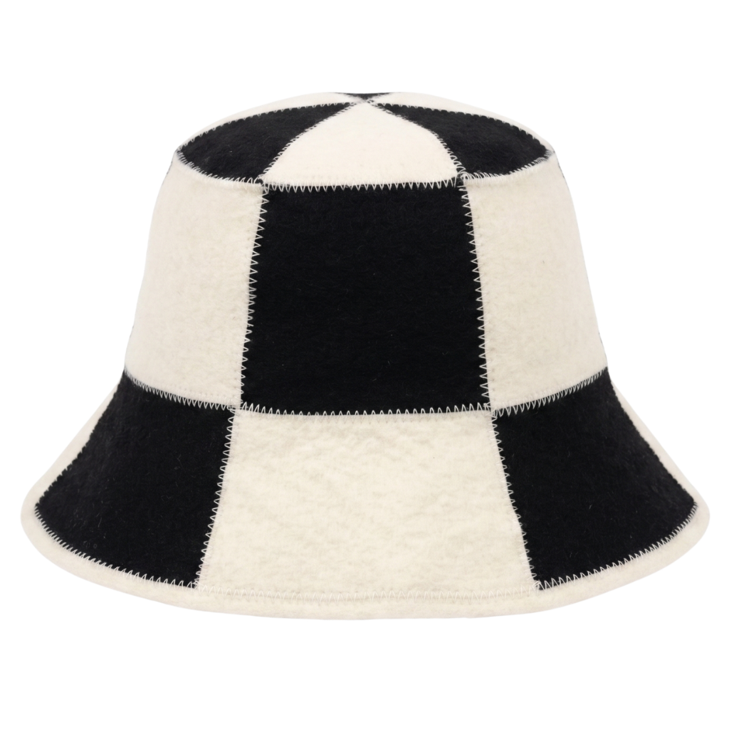 Merino Wool Sauna Bucket Hat – Checkered Unisex Thermal Hat – Black Cream (Medium/Large)