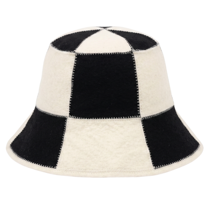 Merino Wool Sauna Bucket Hat – Checkered Unisex Thermal Hat – Black Cream (Medium/Large)